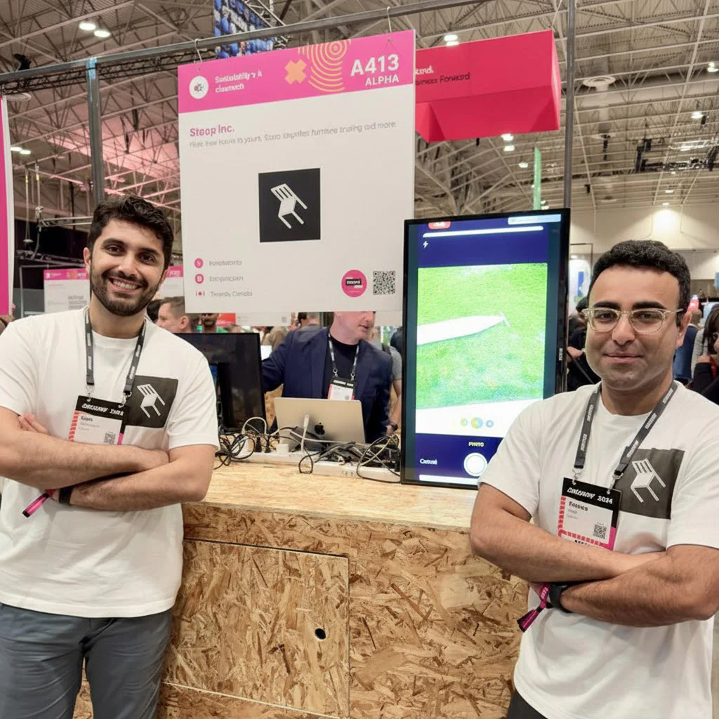 Stoop Inc. co-founders at the Alpha booth demonstrating the app at Collision 2024