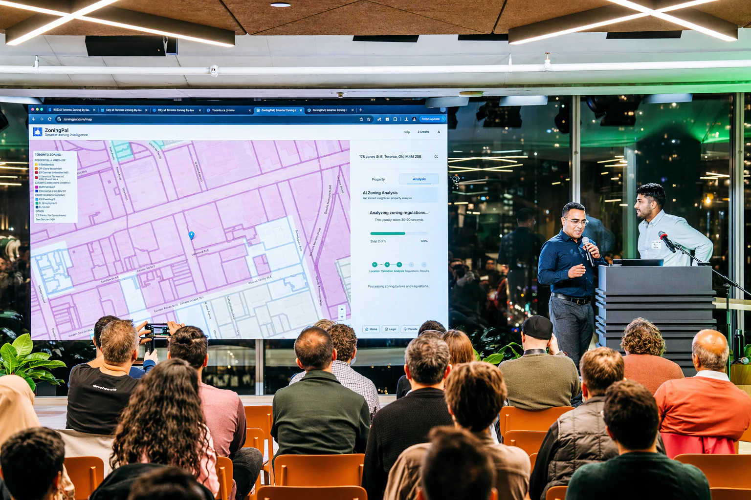 ZoningPal live demo on screen during the AI Tinkerers Toronto presentation